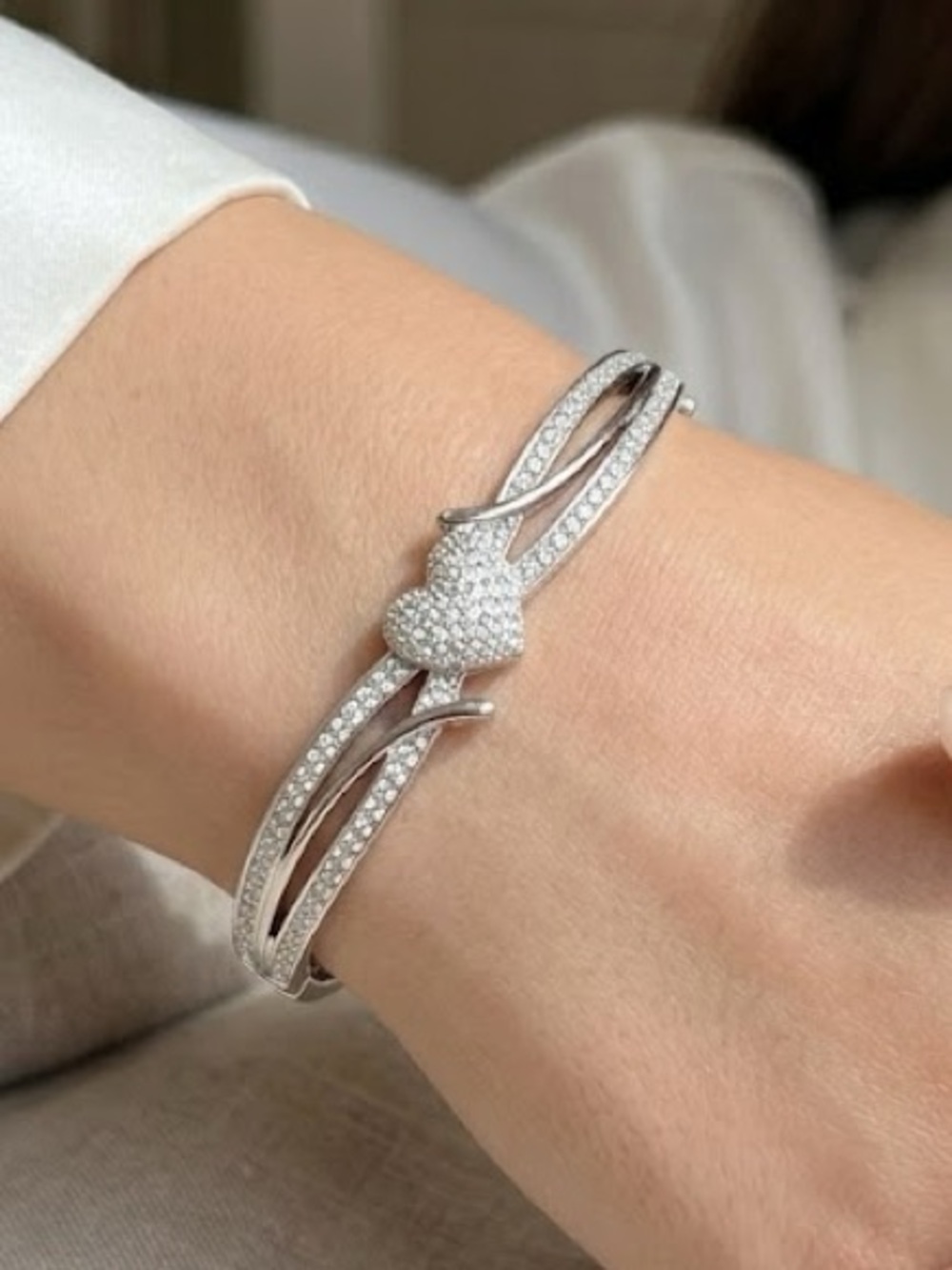 New  Gold Plated Pavé Crystal Heart Bypass Bangle Retail $140